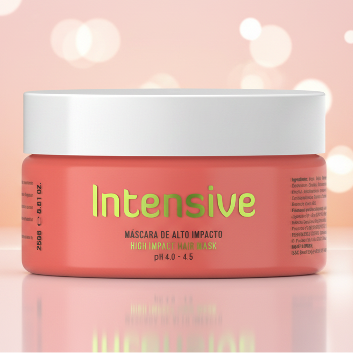 Red hair mask jar with 'Intensive' and 'High Impact Hair Mask' text on a white background